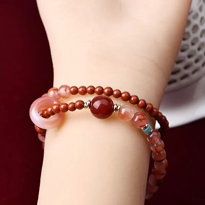Ice-Veined & Persimmon Red South Red Agate Bracelet – Natural Double Wrap with Spinning Bead | Artistic Fire Element Jewelry