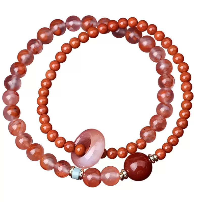 Ice-Veined & Persimmon Red South Red Agate Bracelet – Natural Double Wrap with Spinning Bead | Artistic Fire Element Jewelry