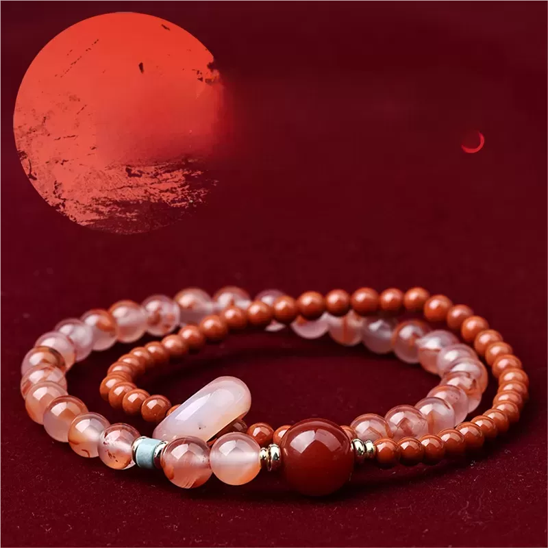Ice-Veined & Persimmon Red South Red Agate Bracelet – Natural Double Wrap with Spinning Bead | Artistic Fire Element Jewelry
