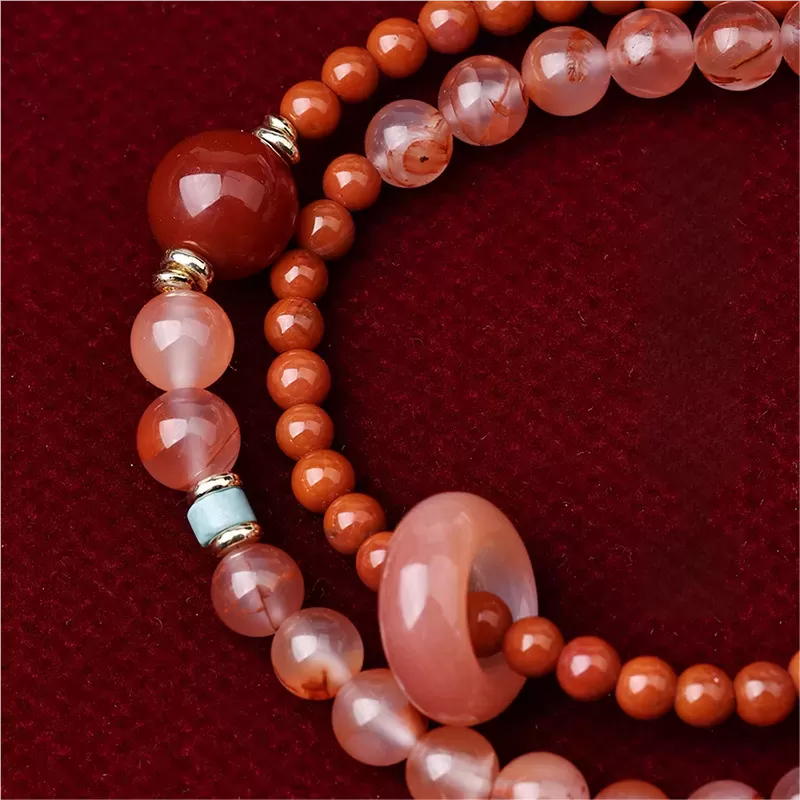 Ice-Veined & Persimmon Red South Red Agate Bracelet – Natural Double Wrap with Spinning Bead | Artistic Fire Element Jewelry