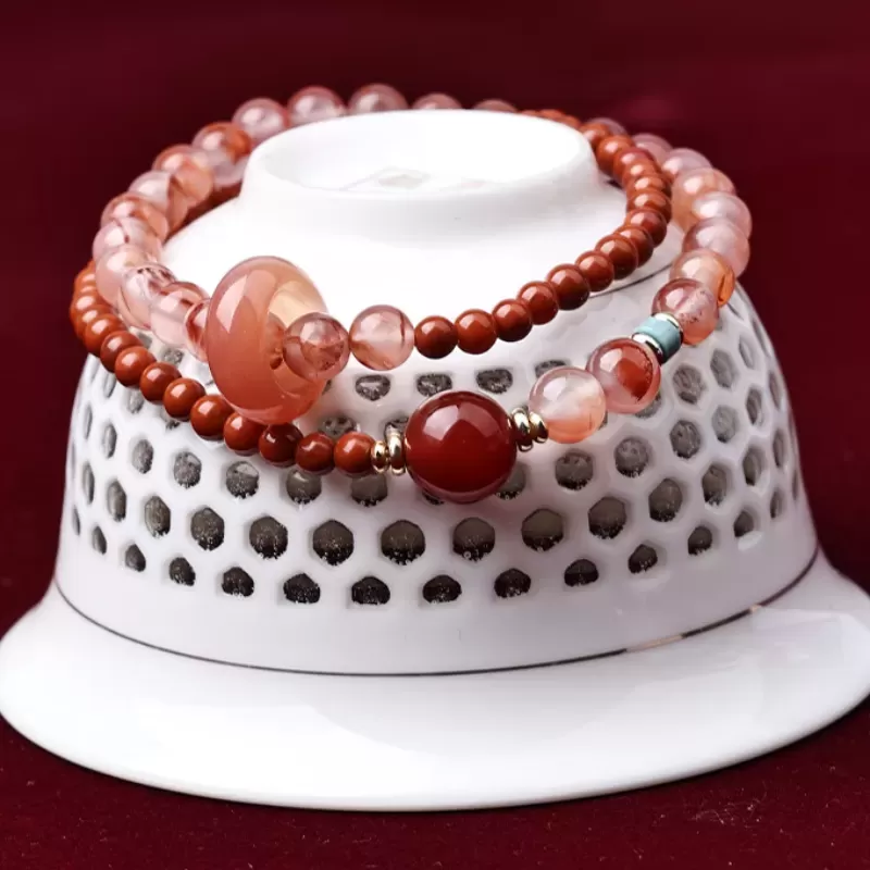 Ice-Veined & Persimmon Red South Red Agate Bracelet – Natural Double Wrap with Spinning Bead | Artistic Fire Element Jewelry