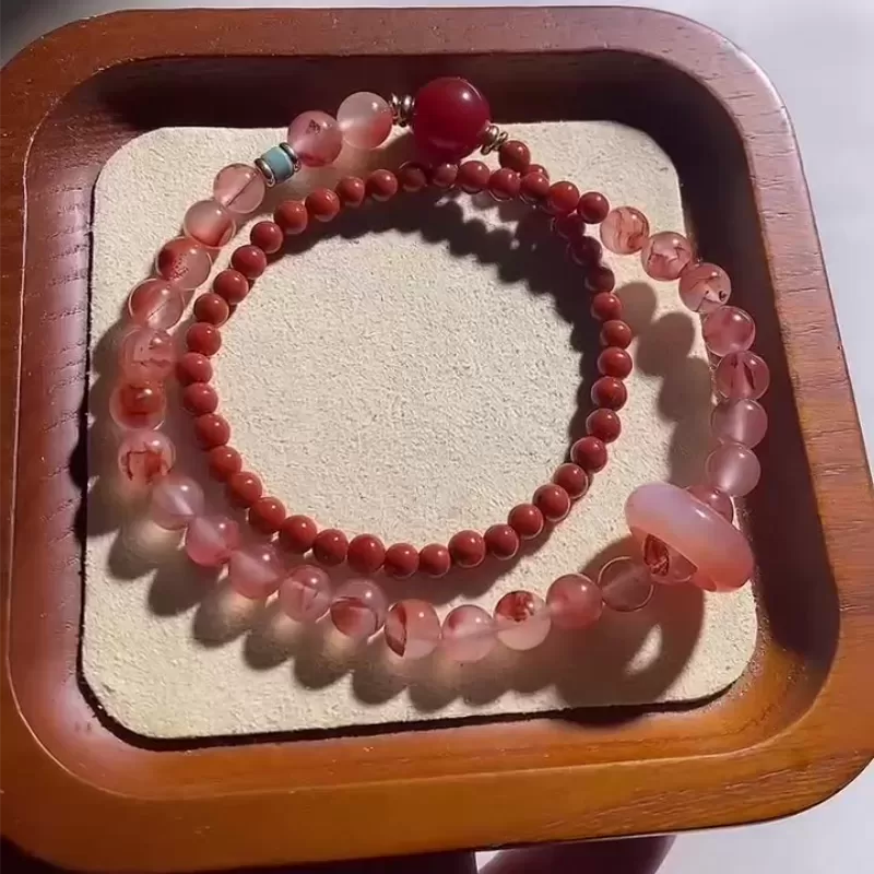 Ice-Veined & Persimmon Red South Red Agate Bracelet – Natural Double Wrap with Spinning Bead | Artistic Fire Element Jewelry