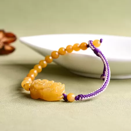 Golden Silk Jade Pixiu Bracelet – Handcrafted Wealth & Protection Talisman | Five Elements Earth