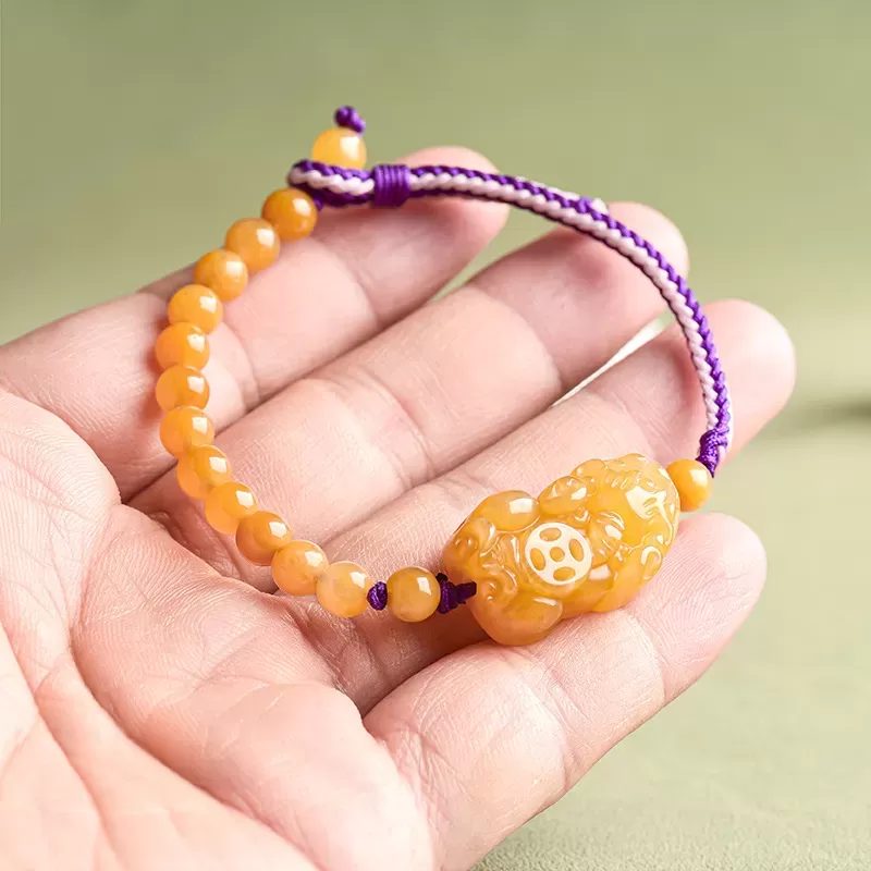 Golden Silk Jade Pixiu Bracelet – Handcrafted Wealth & Protection Talisman | Five Elements Earth