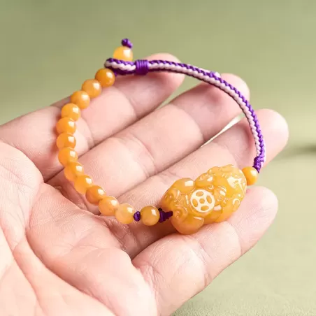 Golden Silk Jade Pixiu Bracelet – Handcrafted Wealth & Protection Talisman | Five Elements Earth