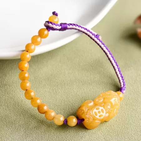 Golden Silk Jade Pixiu Bracelet – Handcrafted Wealth & Protection Talisman | Five Elements Earth