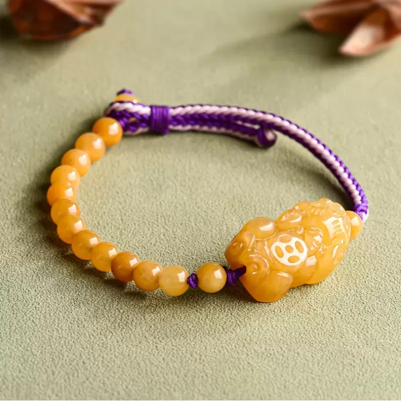 Golden Silk Jade Pixiu Bracelet – Handcrafted Wealth & Protection Talisman | Five Elements Earth