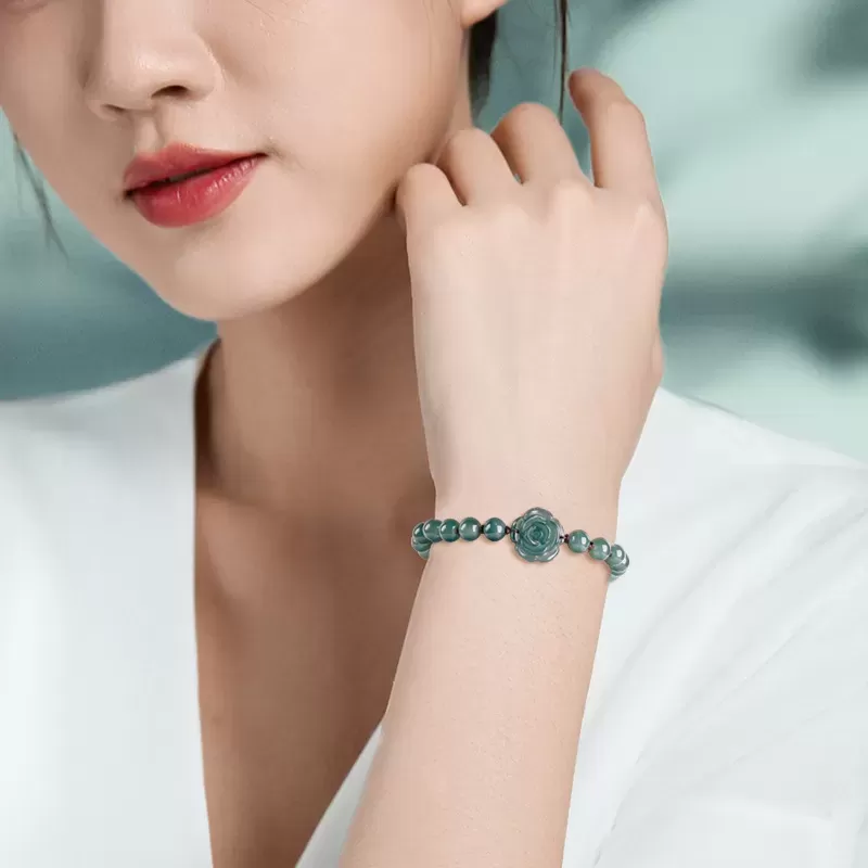 Blue Jade Rose Bracelet | Natural A-Grade Ice Jade Handwoven String Bracelet – Symbol of Eternal Love