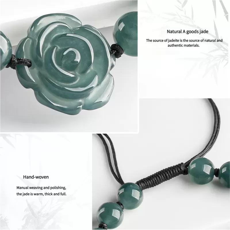 Blue Jade Rose Bracelet | Natural A-Grade Ice Jade Handwoven String Bracelet – Symbol of Eternal Love