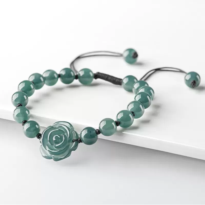 Blue Jade Rose Bracelet | Natural A-Grade Ice Jade Handwoven String Bracelet – Symbol of Eternal Love