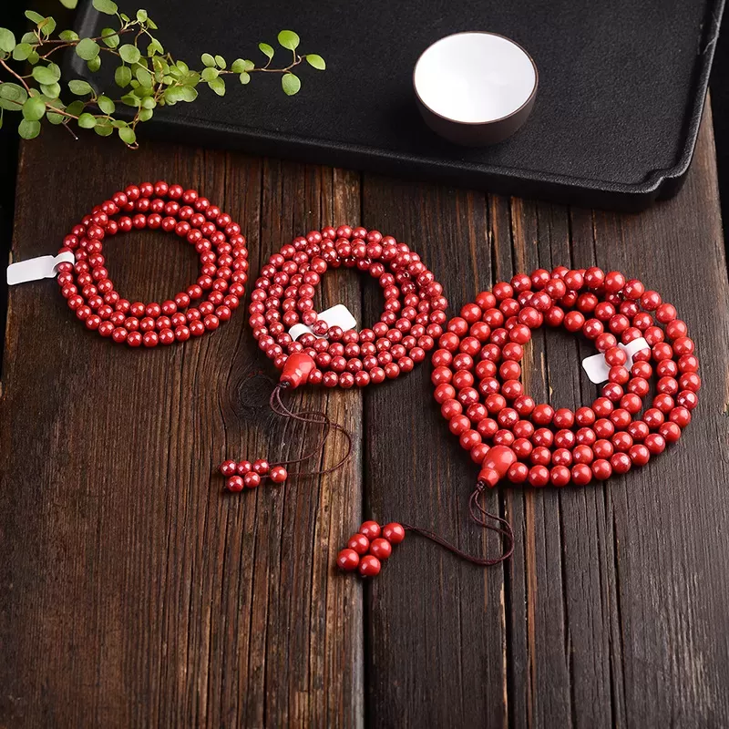 Natural Red Cinnabar Crystal Mala Bracelet – 108 Beads Triple Wrap Amulet for Luck & Protection