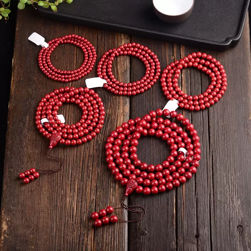 Natural Red Cinnabar Crystal Mala Bracelet – 108 Beads Triple Wrap Amulet for Luck & Protection