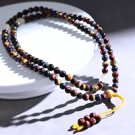 Natural Red-Golden-Blue Tiger’s Eye Mala Bracelet – 108 Beads Tricolor Meditation Jewelry for Luck & Balance
