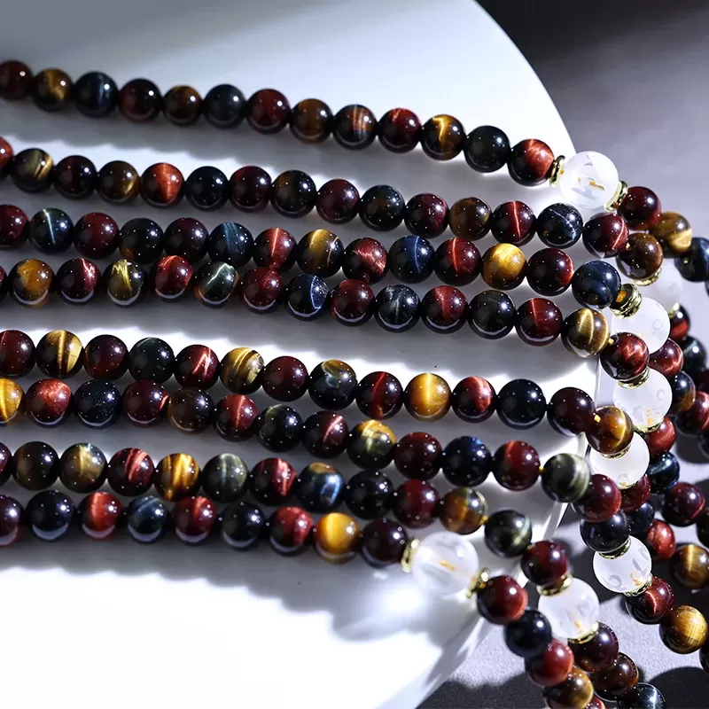 Natural Red-Golden-Blue Tiger’s Eye Mala Bracelet – 108 Beads Tricolor Meditation Jewelry for Luck & Balance