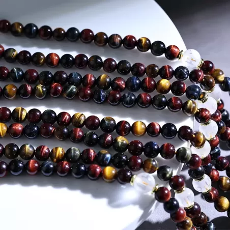 Natural Red-Golden-Blue Tiger’s Eye Mala Bracelet – 108 Beads Tricolor Meditation Jewelry for Luck & Balance