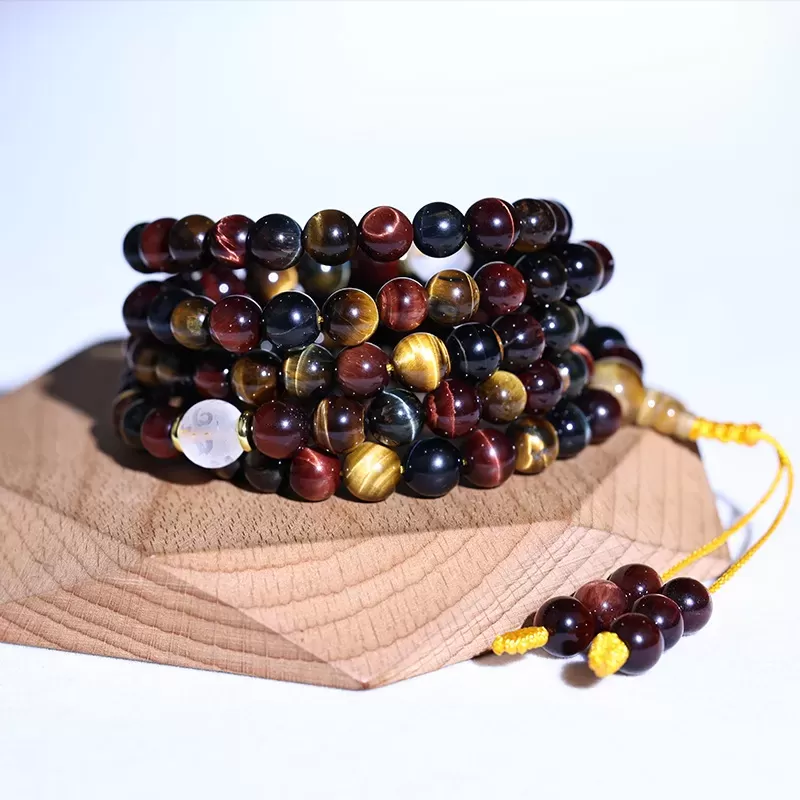 Natural Red-Golden-Blue Tiger’s Eye Mala Bracelet – 108 Beads Tricolor Meditation Jewelry for Luck & Balance