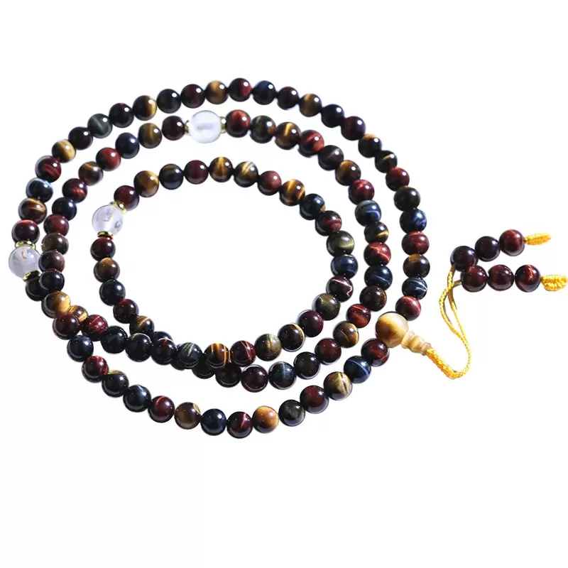 Natural Red-Golden-Blue Tiger’s Eye Mala Bracelet – 108 Beads Tricolor Meditation Jewelry for Luck & Balance