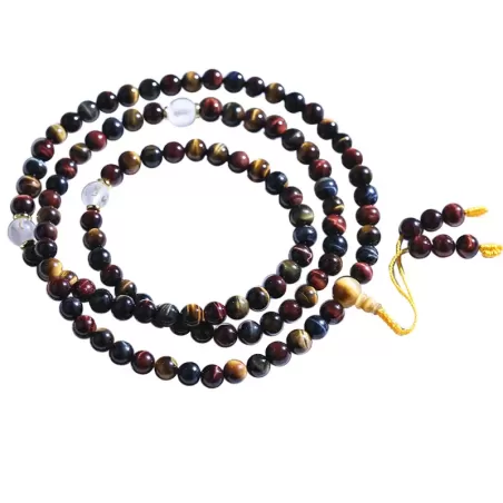 Natural Red-Golden-Blue Tiger’s Eye Mala Bracelet – 108 Beads Tricolor Meditation Jewelry for Luck & Balance