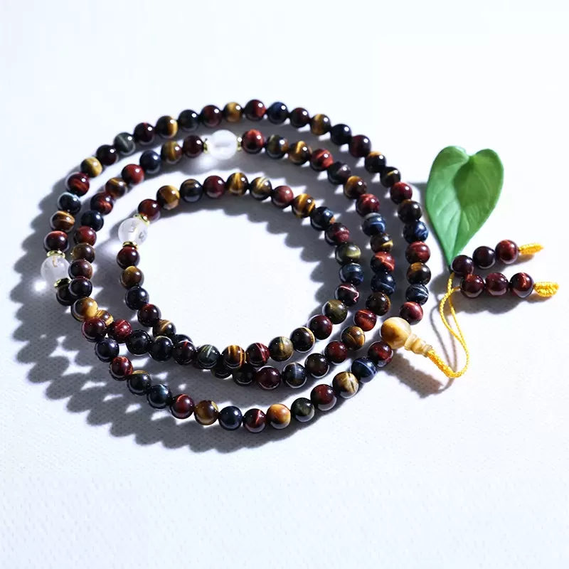 Natural Red-Golden-Blue Tiger’s Eye Mala Bracelet – 108 Beads Tricolor Meditation Jewelry for Luck & Balance