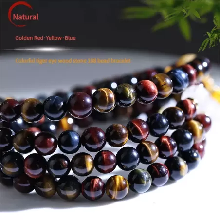 Natural Red-Golden-Blue Tiger’s Eye Mala Bracelet – 108 Beads Tricolor Meditation Jewelry for Luck & Balance