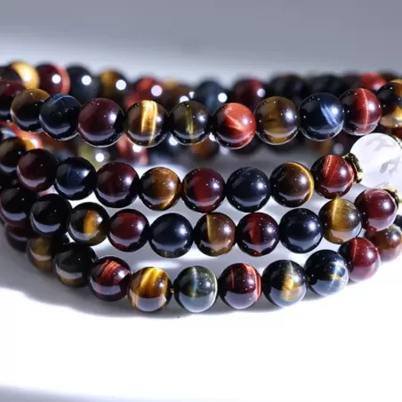 Natural Red-Golden-Blue Tiger’s Eye Mala Bracelet – 108 Beads Tricolor Meditation Jewelry for Luck & Balance