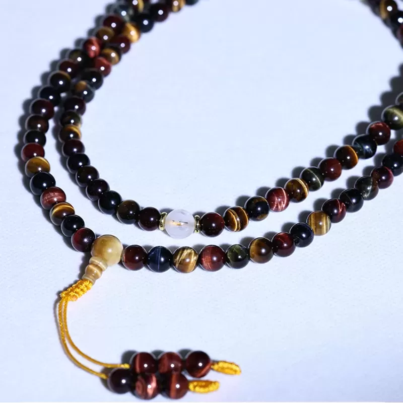 Natural Red-Golden-Blue Tiger’s Eye Mala Bracelet – 108 Beads Tricolor Meditation Jewelry for Luck & Balance