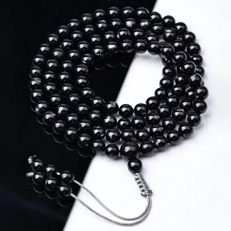 Natural Egyptian Goldstone 108 Mala Beads Bracelet – Cat’s Eye Crystal for Fortune, Energy & Water Element Balance