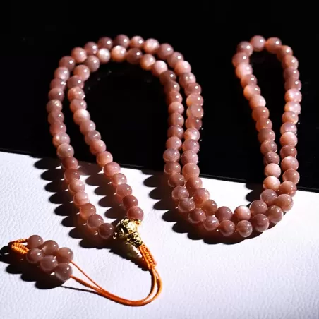 108-Bead Natural Sunstone Mala Bracelet – Golden Flash Helio Stone for Vitality, Fortune & Elemental Harmony