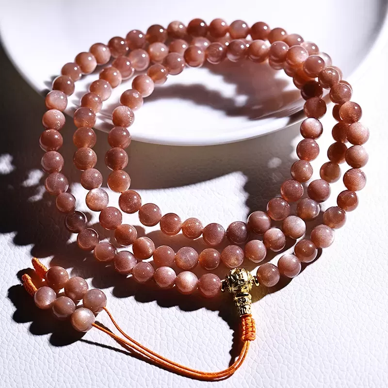 108-Bead Natural Sunstone Mala Bracelet – Golden Flash Helio Stone for Vitality, Fortune & Elemental Harmony