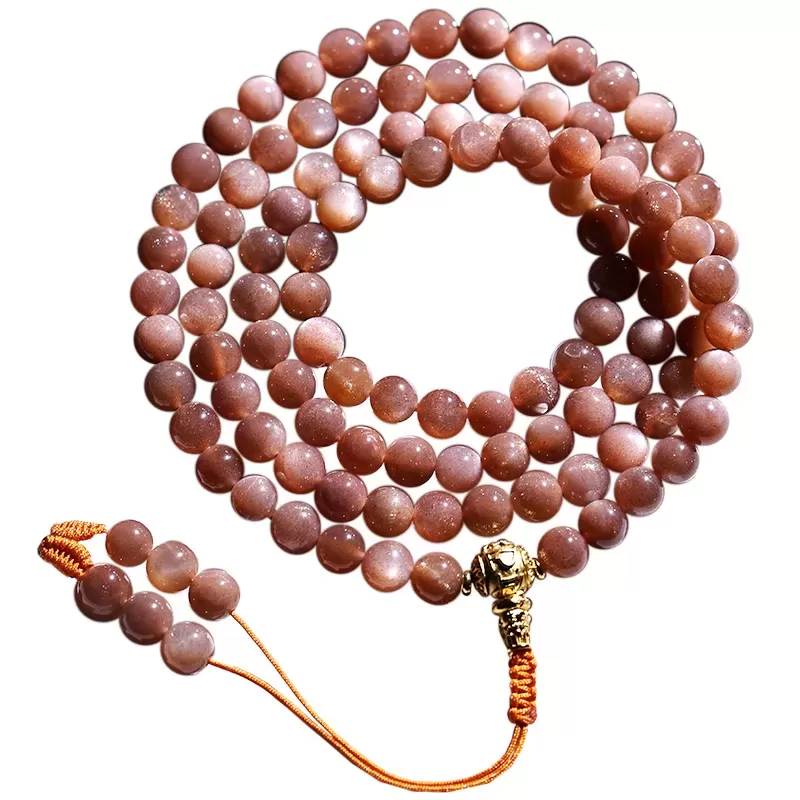 108-Bead Natural Sunstone Mala Bracelet – Golden Flash Helio Stone for Vitality, Fortune & Elemental Harmony