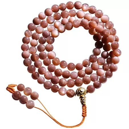 108-Bead Natural Sunstone Mala Bracelet – Golden Flash Helio Stone for Vitality, Fortune & Elemental Harmony