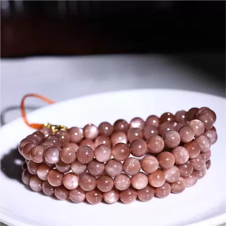 108-Bead Natural Sunstone Mala Bracelet – Golden Flash Helio Stone for Vitality, Fortune & Elemental Harmony