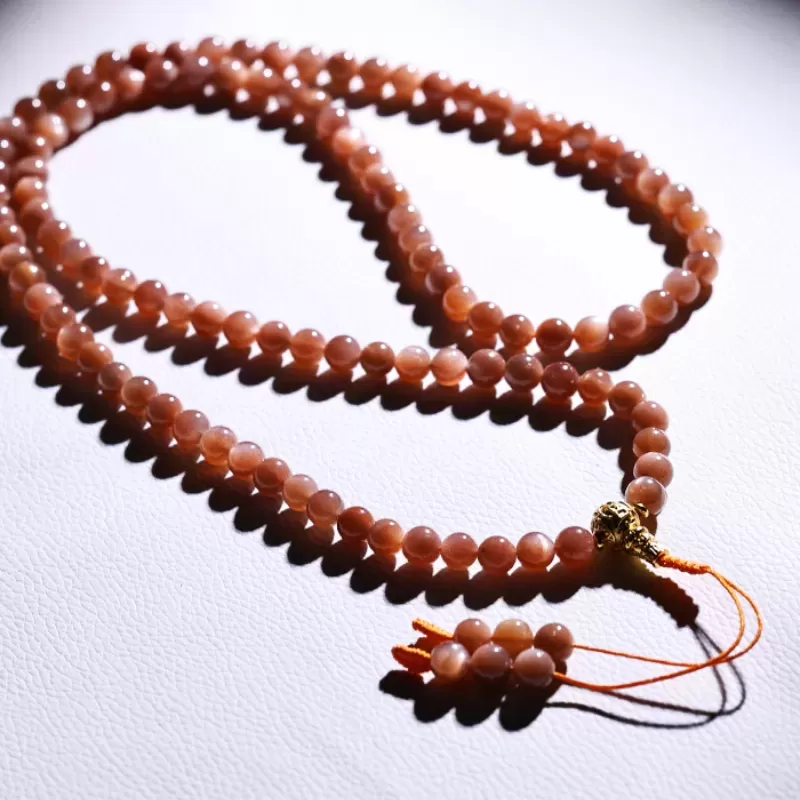 108-Bead Natural Sunstone Mala Bracelet – Golden Flash Helio Stone for Vitality, Fortune & Elemental Harmony