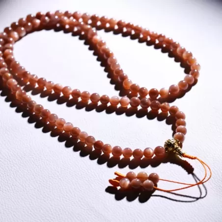 108-Bead Natural Sunstone Mala Bracelet – Golden Flash Helio Stone for Vitality, Fortune & Elemental Harmony