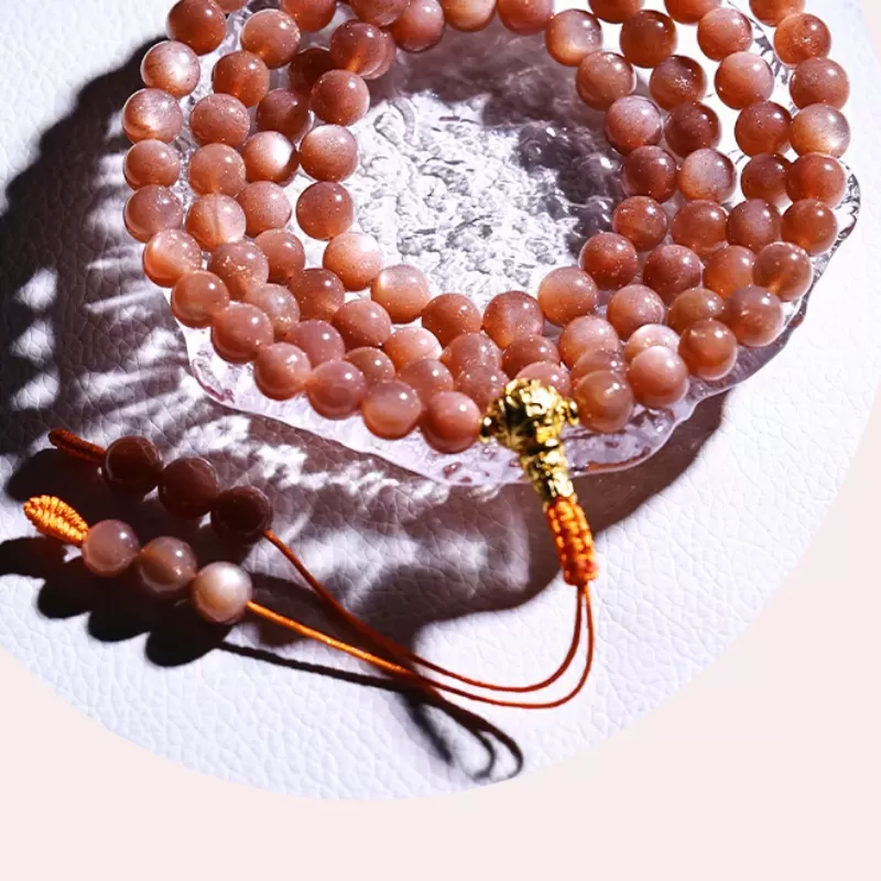 108-Bead Natural Sunstone Mala Bracelet – Golden Flash Helio Stone for Vitality, Fortune & Elemental Harmony