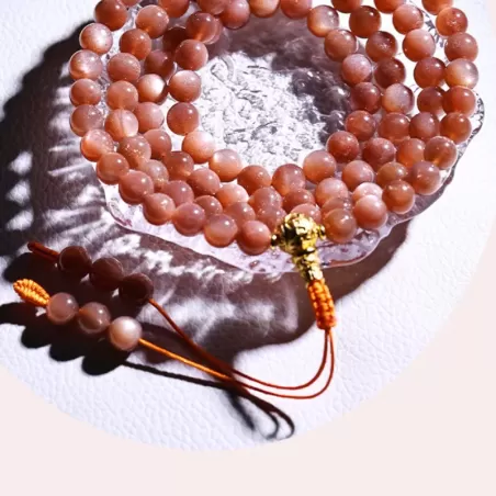 108-Bead Natural Sunstone Mala Bracelet – Golden Flash Helio Stone for Vitality, Fortune & Elemental Harmony