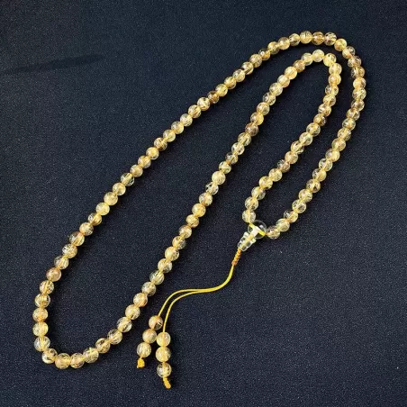 Golden Rutilated Quartz 108 Mala Beads Bracelet – Natural Titanium Crystal Wrap for Clarity, Fortune & Earth-Metal Element Balan