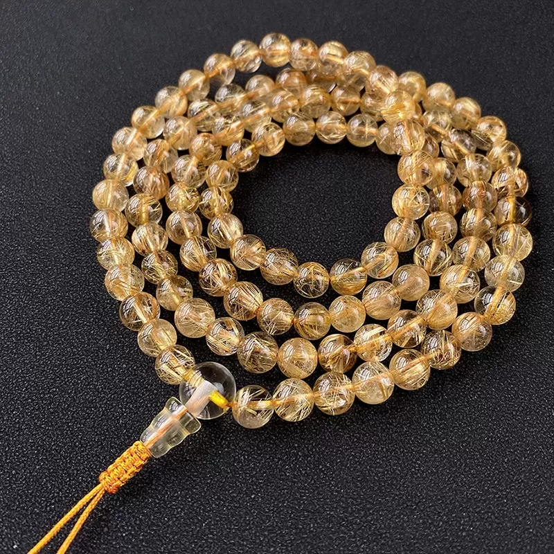 Golden Rutilated Quartz 108 Mala Beads Bracelet – Natural Titanium Crystal Wrap for Clarity, Fortune & Earth-Metal Element Balan