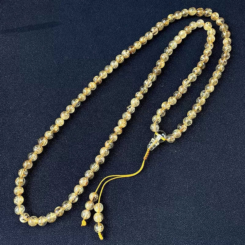 Golden Rutilated Quartz 108 Mala Beads Bracelet – Natural Titanium Crystal Wrap for Clarity, Fortune & Earth-Metal Element Balan