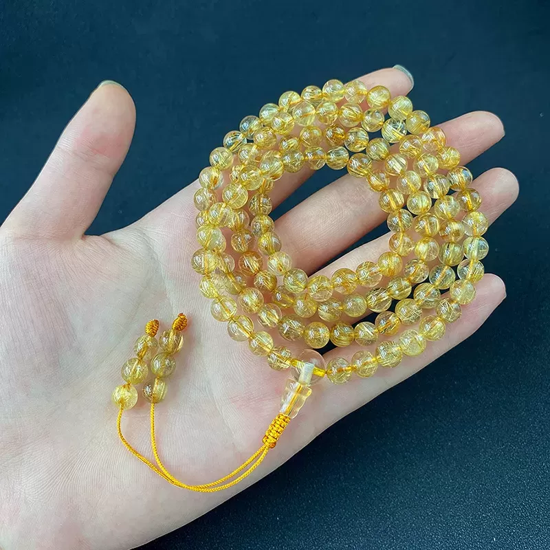 Golden Rutilated Quartz 108 Mala Beads Bracelet – Natural Titanium Crystal Wrap for Clarity, Fortune & Earth-Metal Element Balan