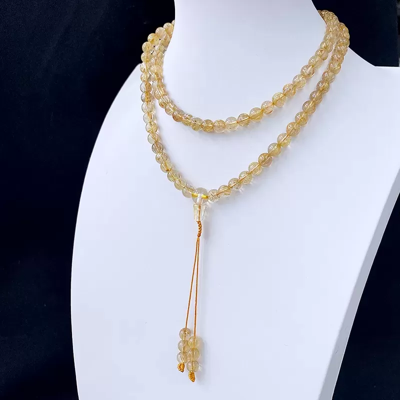 Golden Rutilated Quartz 108 Mala Beads Bracelet – Natural Titanium Crystal Wrap for Clarity, Fortune & Earth-Metal Element Balan