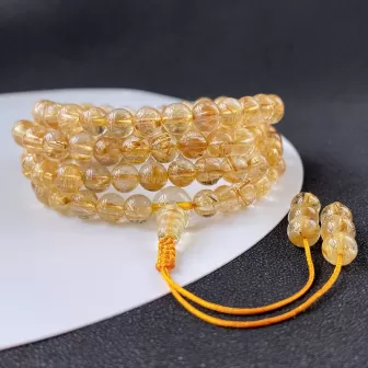 Golden Rutilated Quartz 108 Mala Beads Bracelet – Natural Titanium Crystal Wrap for Clarity, Fortune & Earth-Metal Element Balan