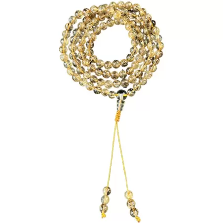 Golden Rutilated Quartz 108 Mala Beads Bracelet – Natural Titanium Crystal Wrap for Clarity, Fortune & Earth-Metal Element Balan