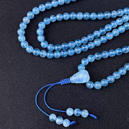 108-Bead Aquamarine Mala Bracelet Necklace – Sea Blue Gemstone for Calm, Protection & Water Element Energy