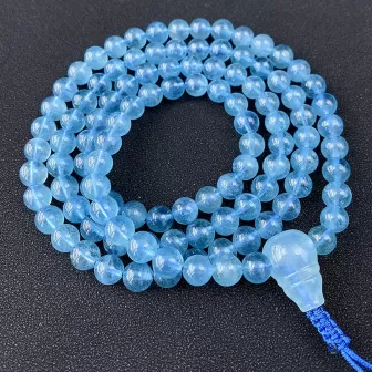 108-Bead Aquamarine Mala Bracelet Necklace – Sea Blue Gemstone for Calm, Protection & Water Element Energy