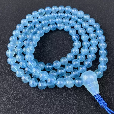 108-Bead Aquamarine Mala Bracelet Necklace – Sea Blue Gemstone for Calm, Protection & Water Element Energy