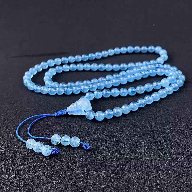 108-Bead Aquamarine Mala Bracelet Necklace – Sea Blue Gemstone for Calm, Protection & Water Element Energy