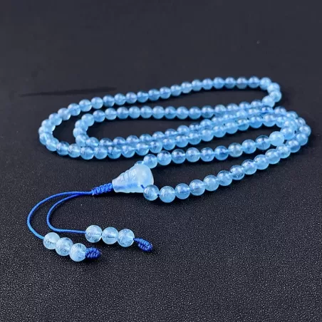 108-Bead Aquamarine Mala Bracelet Necklace – Sea Blue Gemstone for Calm, Protection & Water Element Energy