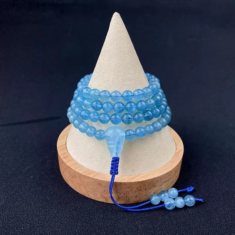 108-Bead Aquamarine Mala Bracelet Necklace – Sea Blue Gemstone for Calm, Protection & Water Element Energy
