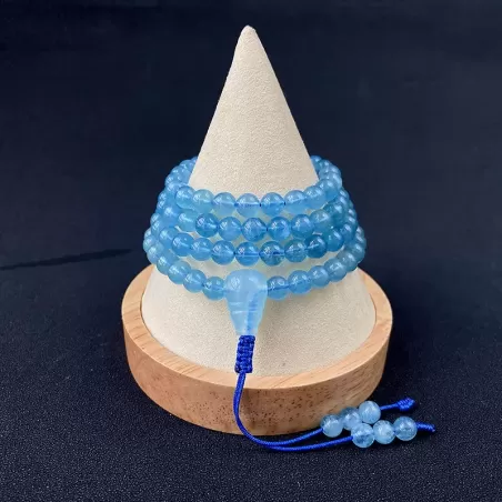 108-Bead Aquamarine Mala Bracelet Necklace – Sea Blue Gemstone for Calm, Protection & Water Element Energy